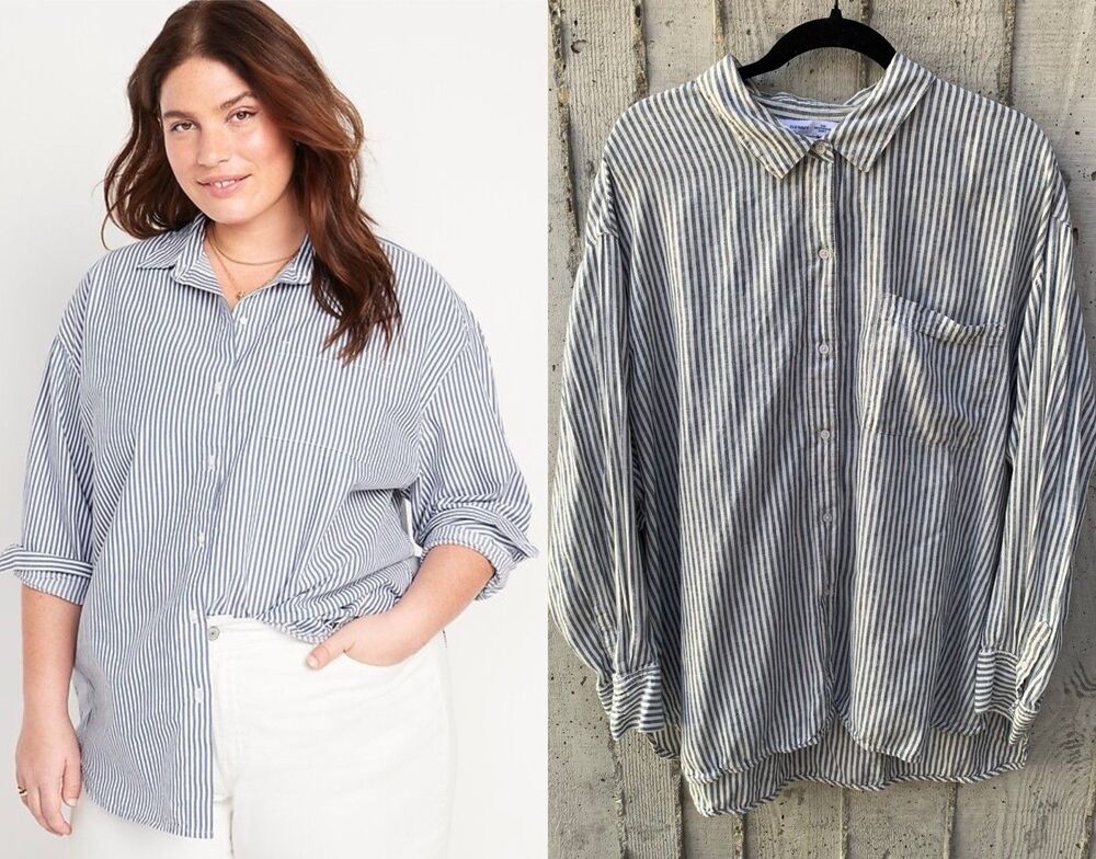 Old Navy Linen-Blend Loose Button-Down Shirt Size 2X Coastal Nautical Preppy